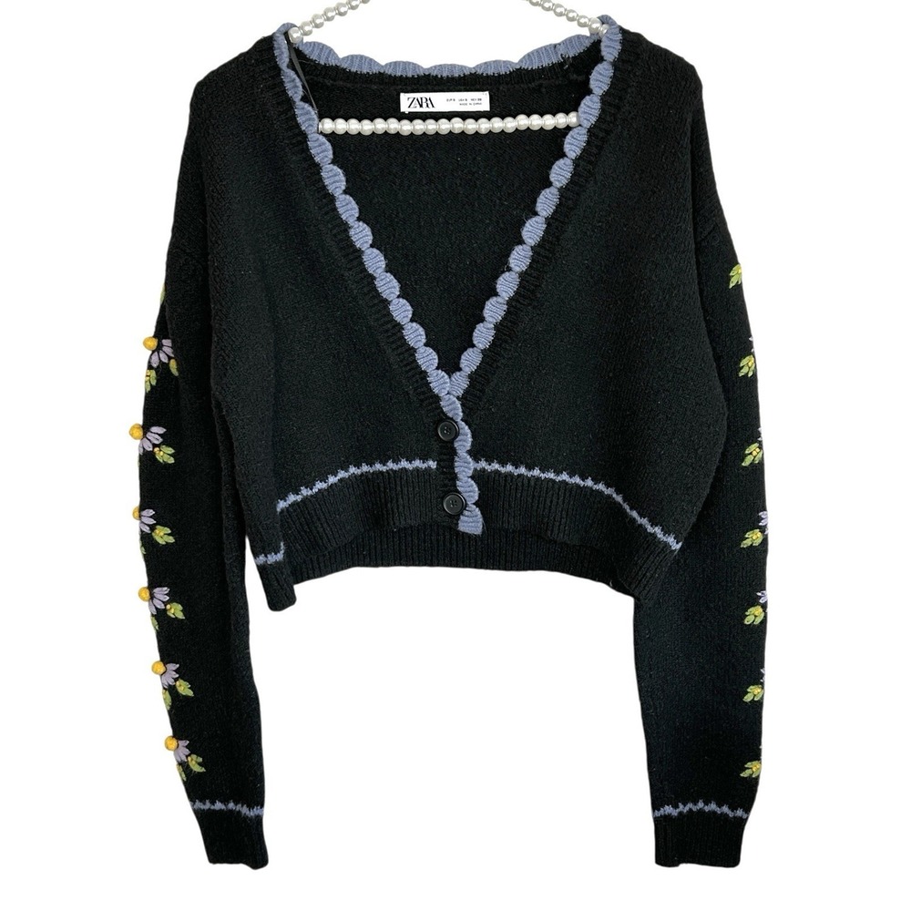 Zara Floral Embroidered Cropped‎ Cardigan Small Boho Bloggers Fav Cottage Black